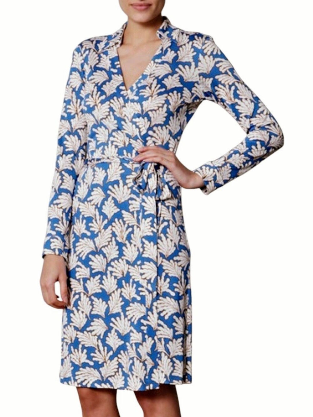 DIANE VON FURSTENBERG Jeanne II Silk Wrap Dress 10 Abigail Blue Coral Leaf